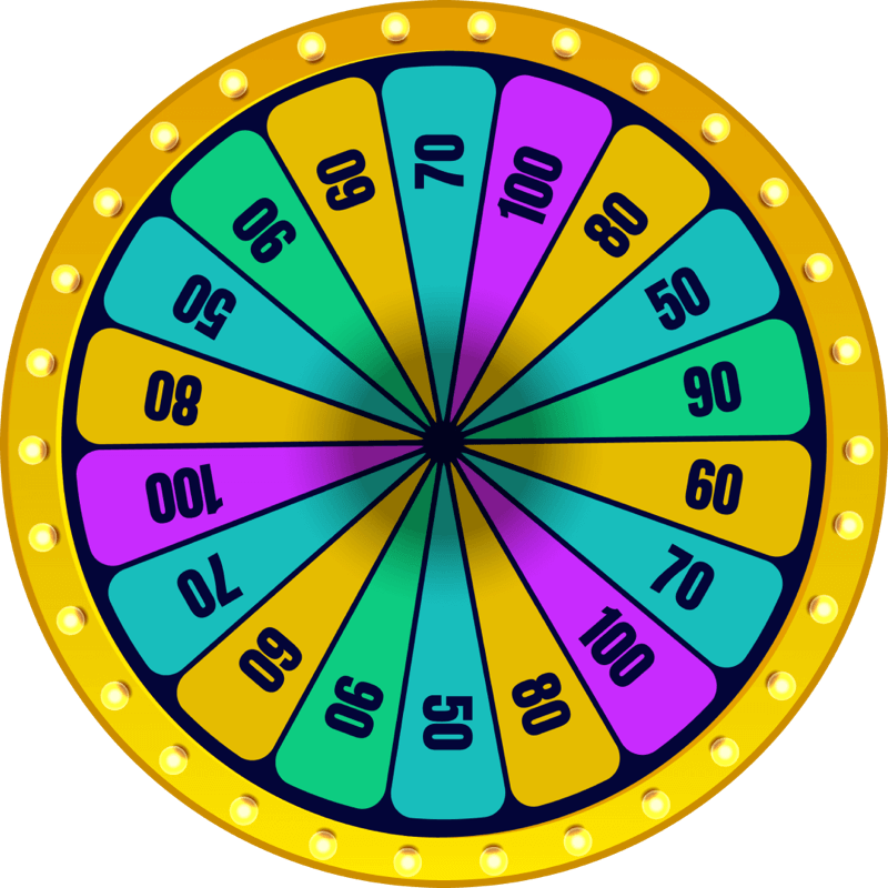 Wheel with prize segments: 50, 60, 70, 80, 90, 100.